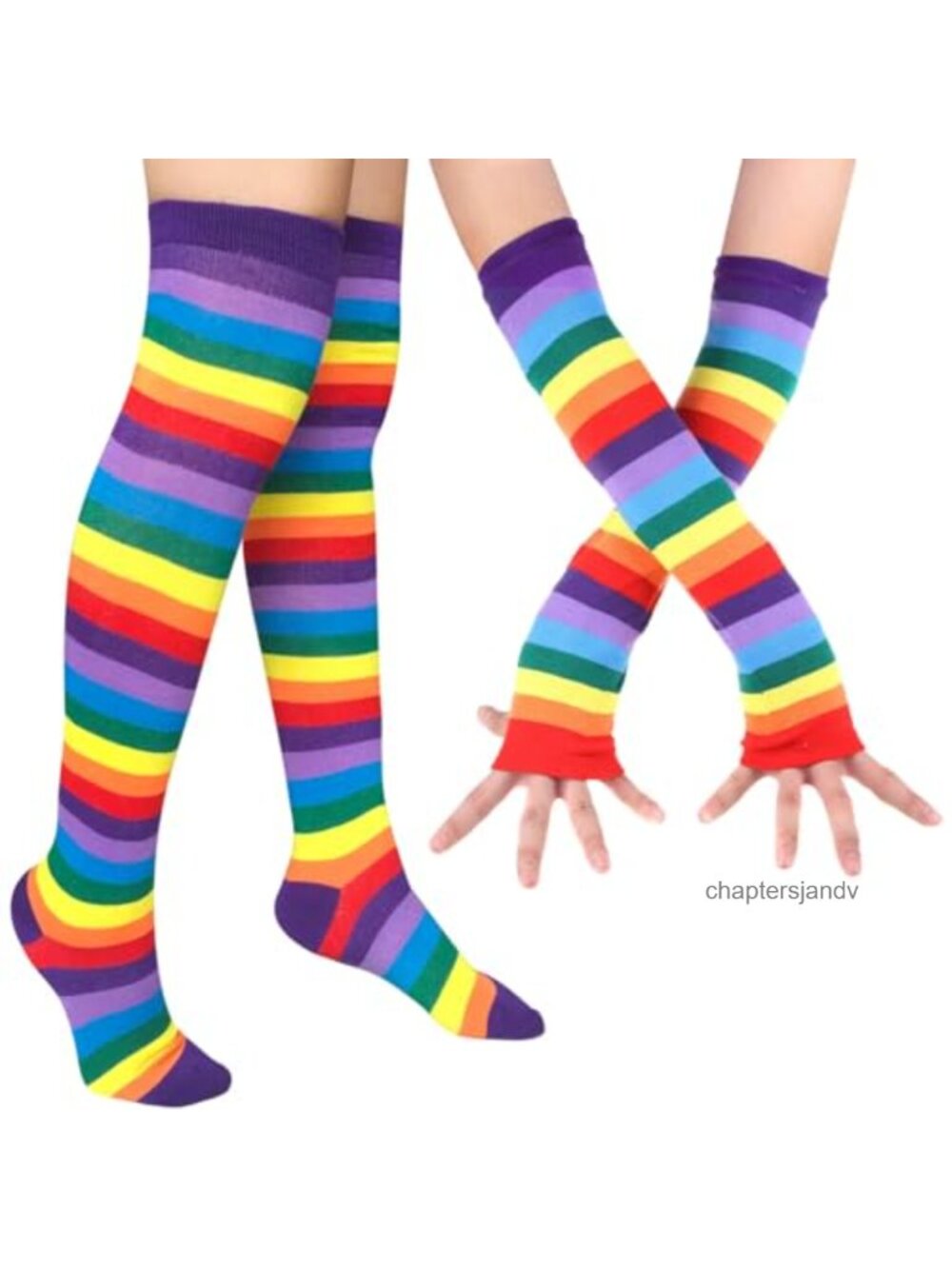 Rainbow Striped Knee High Socks & Fingerless Arm Warmer Gloves Set